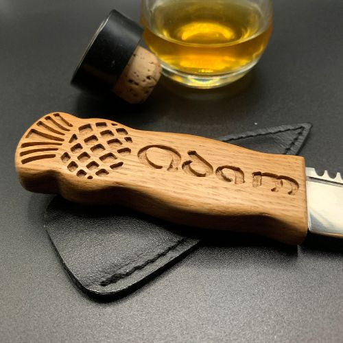 Engraved and personalised sgian dubh handcrafted from a reclaimed and recycled oak whisky stave