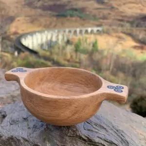 Scottish Oak Whisky Quaich with engraved Triskele design (Large)
