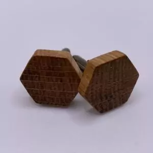 Hexagonal shaped oak cufflinks handcrafted from a reclaimed whisky barrel stave