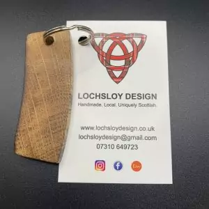 Wooden oak key ring handcrafted from reclaimed whisky barrel stave, authentic Scottish whisky heritage gift