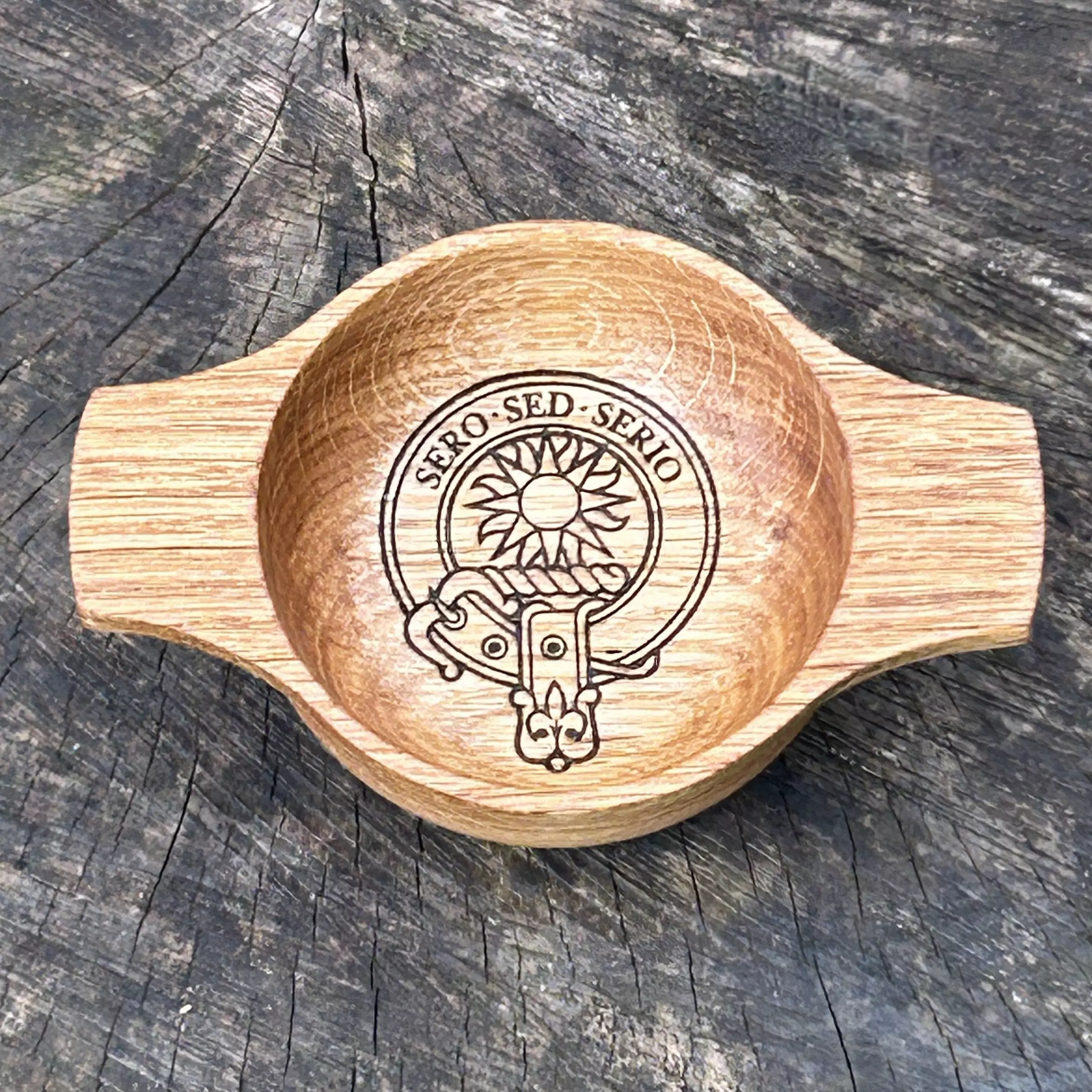 Scottish Oak Whisky Quaich engraved with Clan Crest (Medium) - Image 7