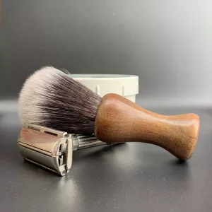 A synthetic shaving brush handcrafted from exotic caranda wood