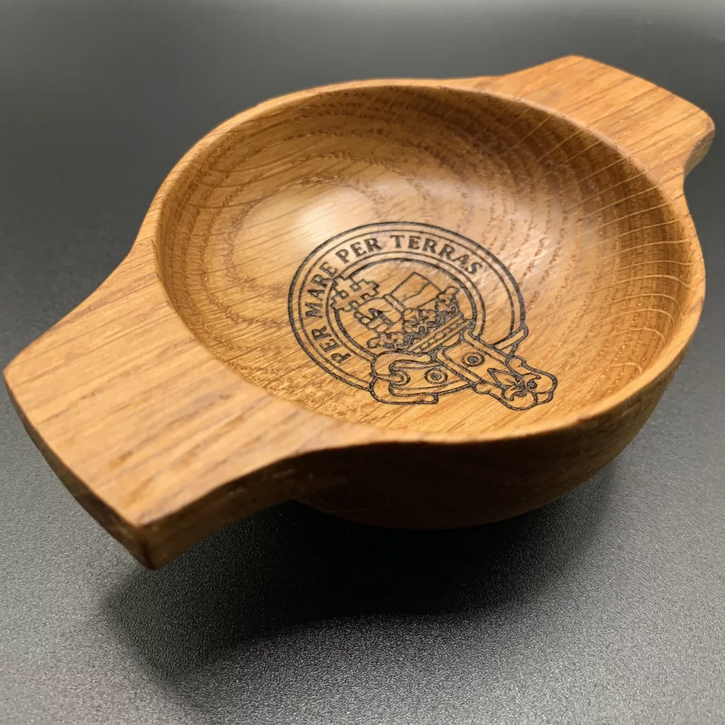 Handturned Scottish oak wooden quaich engraved with the Clan MacDonald crest and motto