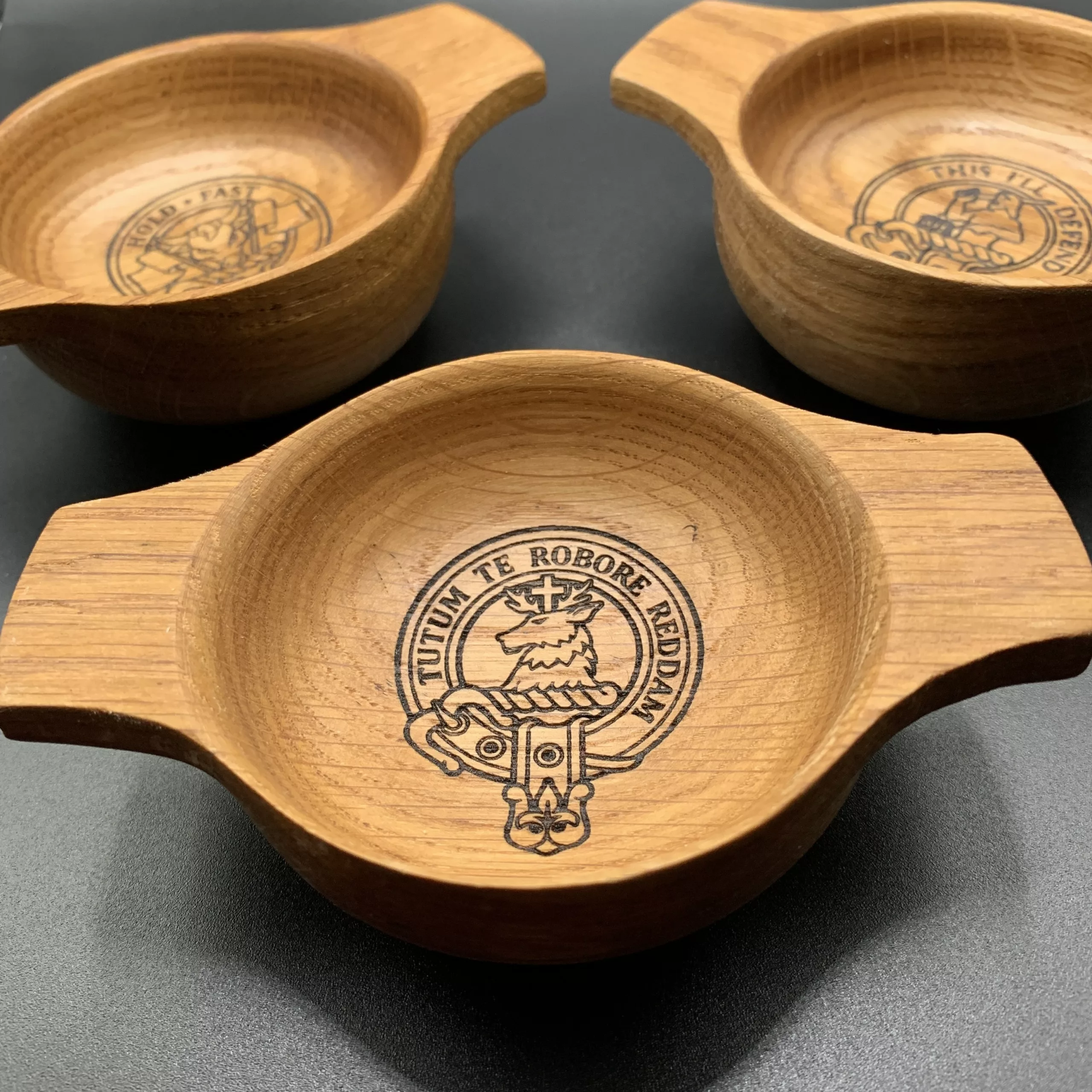 Scottish Oak Whisky Quaich engraved with Clan Crest Lochsloy Design