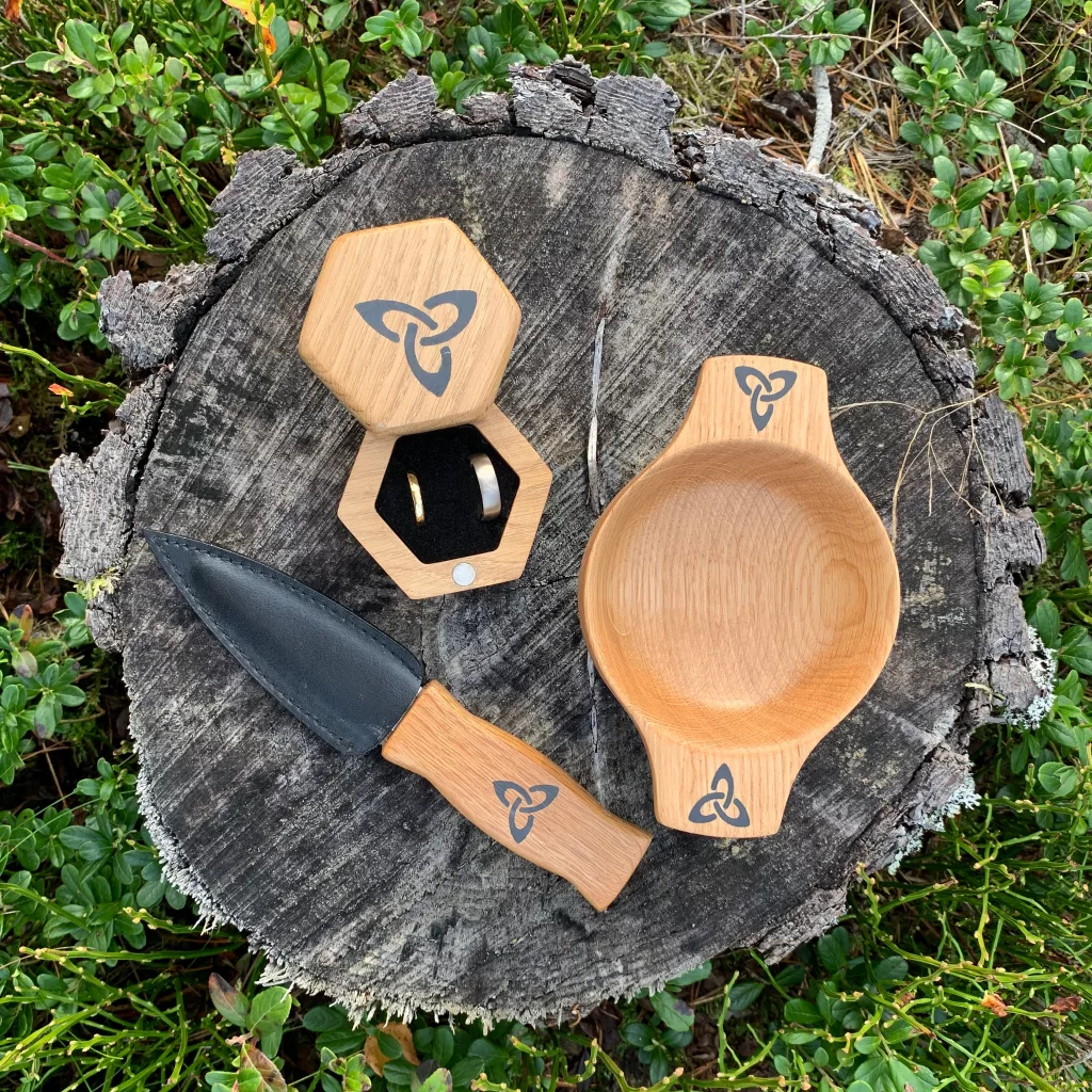 Handcrafted wedding set consisting of ring box, sgian dubh and quaich all professionally engraved with a Celtic Triquetra design