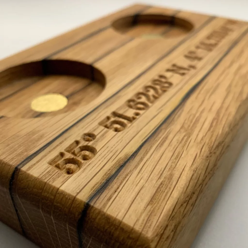 Bonded oak whisky stave gift set engraved with wedding coordinates