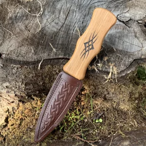 Oak sgian dubh engraved with tribal design handcrafted from an authentic whisky stave reclaimed from a used whisky cask