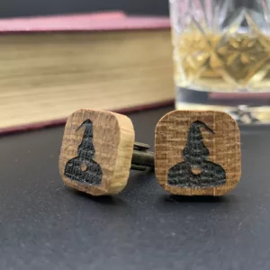 Oak Whisky Stave Cufflinks engraved with a traditional whisky still