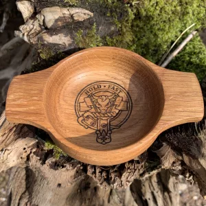 Handcrafted Scottish oak quaich personalised and engraved with the Clan Crest
