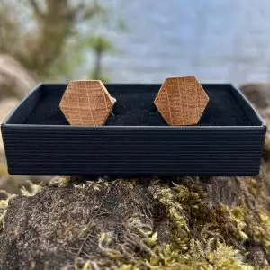 Hexagonal cufflinks handcrafted from reclaimed whisky barrel oak