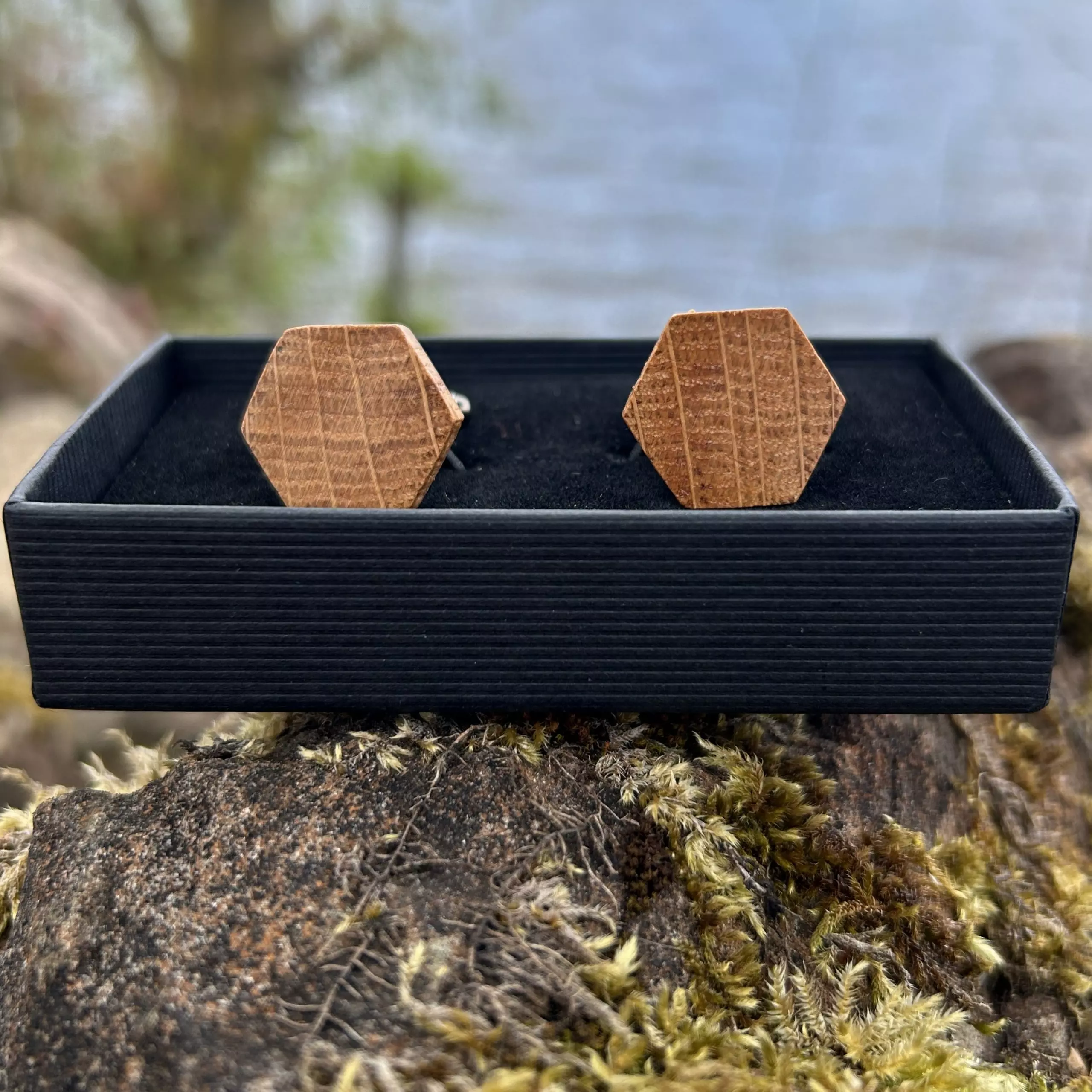 Hexagonal cufflinks handcrafted from reclaimed whisky barrel oak